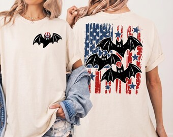 Comfort Colors Patriotic Bats Shirt Halloween Vintage Pocket Graphic Back USA Flag