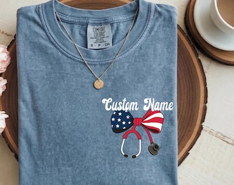 Custom Patriotic Nurse Shirt Flag Bow Stethoscope Nurses Day Gift Coquette Apparel