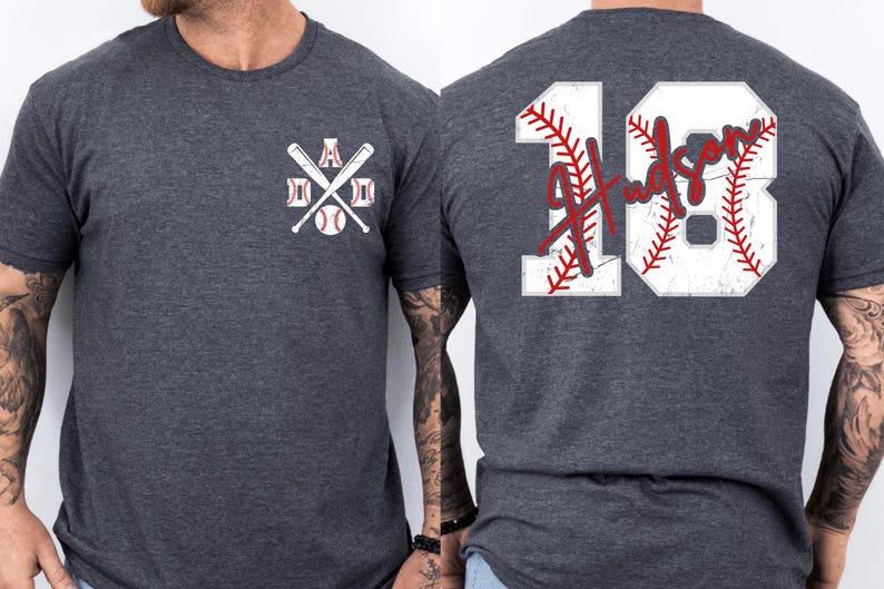 A shot highlighting the red script font. The name "Hudson" is written in a fluid, handwriting style that overlays the rigid block numbers, creating a modern and stylish aesthetic for sports parents.