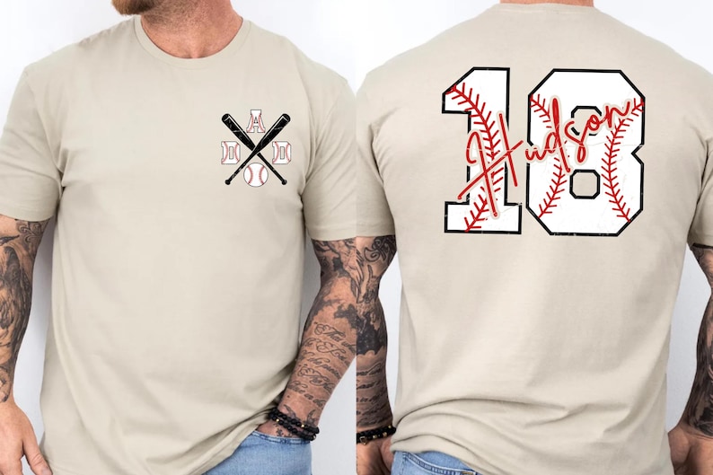A flat lay image of the "Baseball Spirit" collection. The double-sided design adds value. The back print mimics a real jersey but with the comfort of a soft cotton t-shirt or fleece sweatshirt.