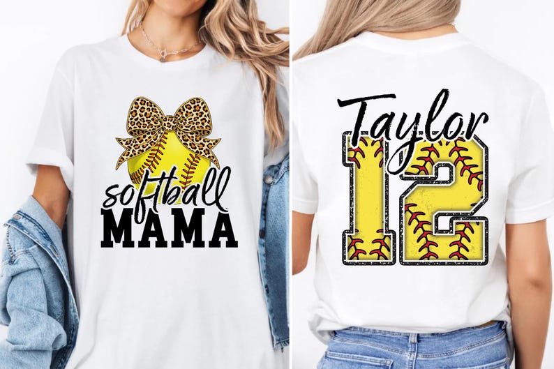 Detailed close-up of the back graphic. The yellow fill of the number "12" has red stitching details, mimicking the seams of a real softball. The script name "Taylor" contrasts boldly against the black background, ensuring high visibility.