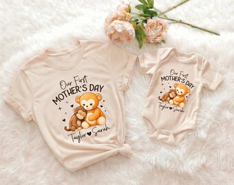 Our First Mothers Day Custom Name Mama Bear Monkey Matching Shirt Bodysuit Gift