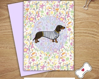 Derek the Dachshund Greetings Card // Dog Card // Birthday card // Blank Card /// floral cards // sausage dog