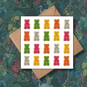 Jelly Bears Greeting Card / Blanko-Karte / Illustriert / 100% aus gebrauchtem Papier (Recycling-Papier). Voll kompostierbarer brauner Kraftpapier-Umschlag inklusive