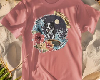 Vintage Surfing Border Collie Unisex T-Shirt, Hawaiian Dog Graphic Tee, 60s Style Retro Summer Fashion, Versatile Semi-Formal Casual Wear,