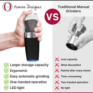 May include: An image comparing a black electric pepper grinder to a traditional manual grinder. The electric grinder has a larger storage capacity, is ergonomic, and features easy automatic grinding, one-handed operation, and an LED light.