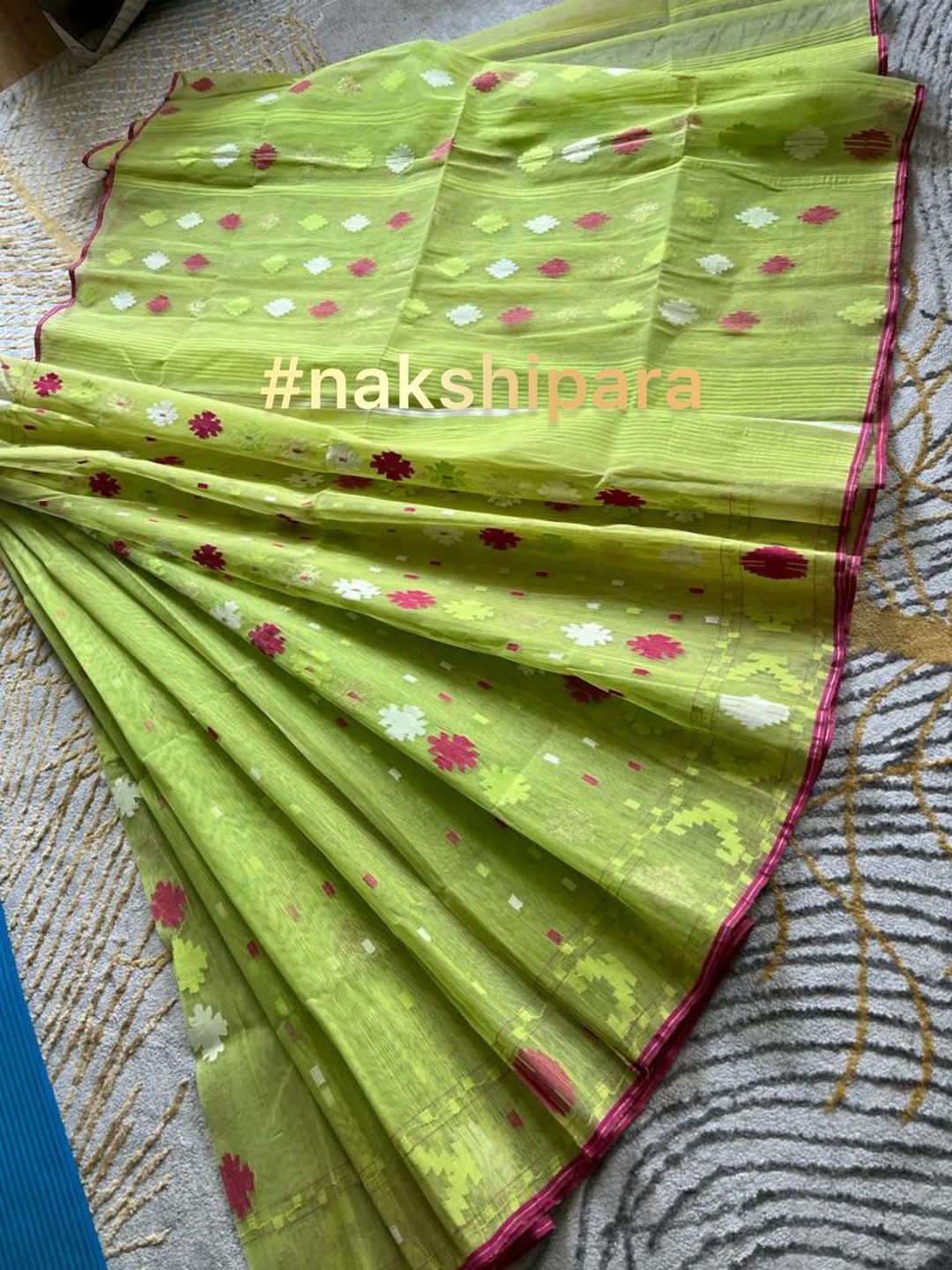 Original Dhakai Jamdani Saree, Lemon Green With Mixed Work, Bangladeshi