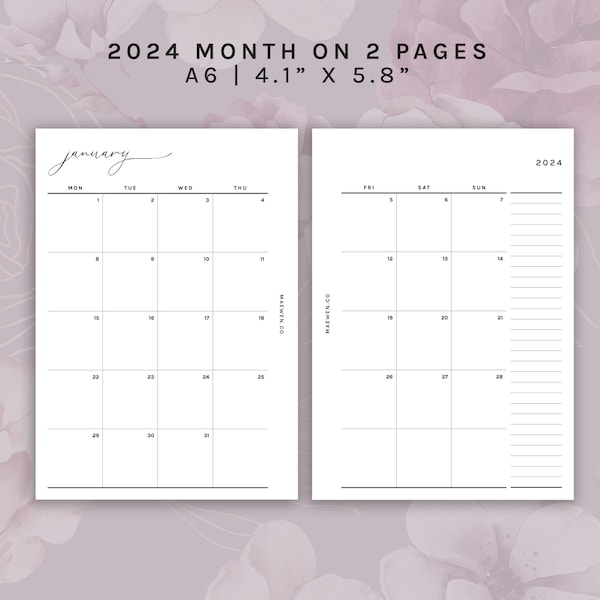 2024 Month on 2 Pages, Monthly Calendar, Dated insert, A6, Printable Planner Insert, Minimal
