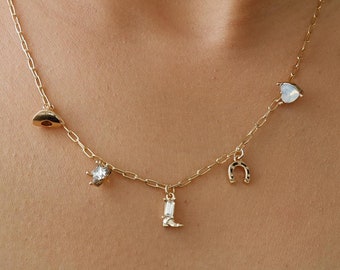 Western Cowgirl Charm Station Necklace, Dainty Cowboy Boots Gold Silver, Minimal Country Aesthetic Jewelry, Bestie, Bridesmaid Her Gift