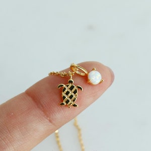 Opal Sea Turtle Double Charm Pendant Necklace, Gold Dipped Coastal Jewelry