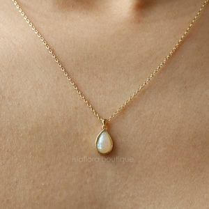 Opal Drop Pendant Necklace, Dainty Iridescent Stone Charm, Gold Plated Minimal Jewelry
