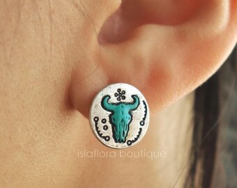 Rustic Bull Skull Stud Earrings, Turquoise Painted Western Cowboy Jewelry, Country Style, Rustic Desert Jewelry Gift