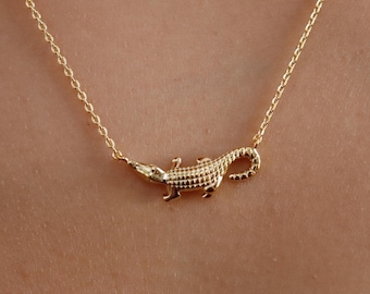 Alligator Necklace, Dainty Detailed Curved Tail, Reptile Charm, Silver Crocodile, Gold Plated Minimal Jewelry, Bridesmaid Her Gift
