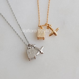 Dainty Travel Carrier and Plane Set Charm Necklace, Detailed Suitcase, Simple Aesthetic, Gold Dipped, Minimalist Jewelry, Bridesmaid Gift