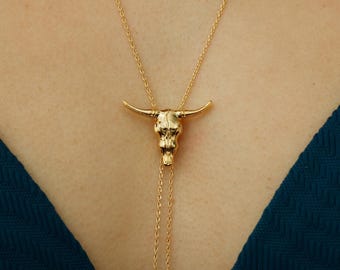 Bull Head Bolo Long Chain Necklace, Cowgirl Aesthetic, Cowboy Gold Silver Western Rodeo, Boots, Country, Minimal Jewelry bridesmaid Her Gift