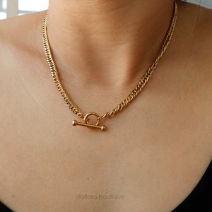 Gold Plated Stainless Steel Curb Chain Toggle Necklace - 16.75 inch