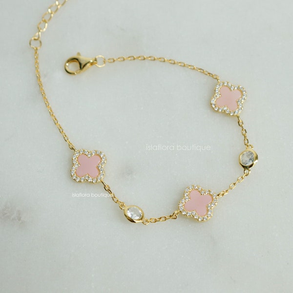 CZ Wrapped Pink Clover Station Bracelet, Gold Plated Sterling Silver thin chain, Clear Crystal Accent Chain, Minimal Jewelry, Her Gift