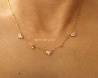 Dainty Heart Cubic Paved, Small Rhinestone Station Necklace, Tiny Crystal Boho Clavicle Minimalist Jewelry, Bestie Bridesmaid Gift