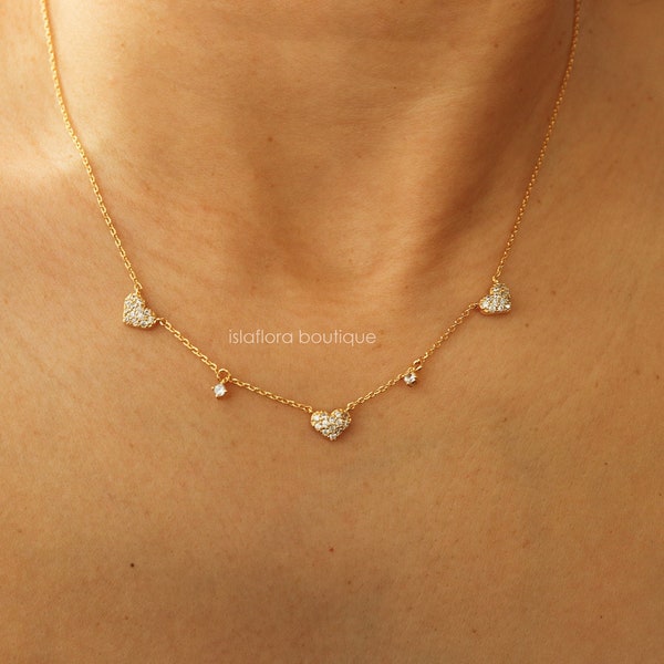 Dainty Heart Cubic Paved, Small Rhinestone Station Necklace, Tiny Crystal Boho Clavicle Minimalist Jewelry, Bestie Bridesmaid Gift