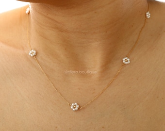 Pearl Bead Flower Station Necklace: Gold Dipped Floral Clavicle Jewelry