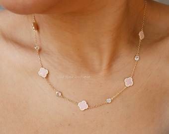 CZ Wrapped Pink, Mother of Pearl Clover, Gold Plated