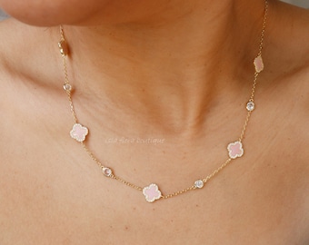 CZ Wrapped Pink, Mother of Pearl Clover, Gold Plated Sterling Silver Station Necklace, Clear Crystal Accent Chain, Minimal Jewelry, Her Gift