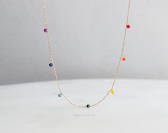 Rainbow Bead Station Necklace: Tiny Crystal Clavicle Jewelry