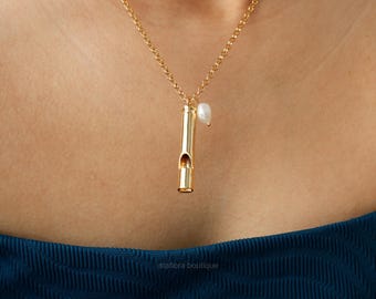 Freshwater Pearl Whistle Necklace, Gold Dipped Charm, Symbolic, Junior Lifegaurd, Coach Teacher Gift