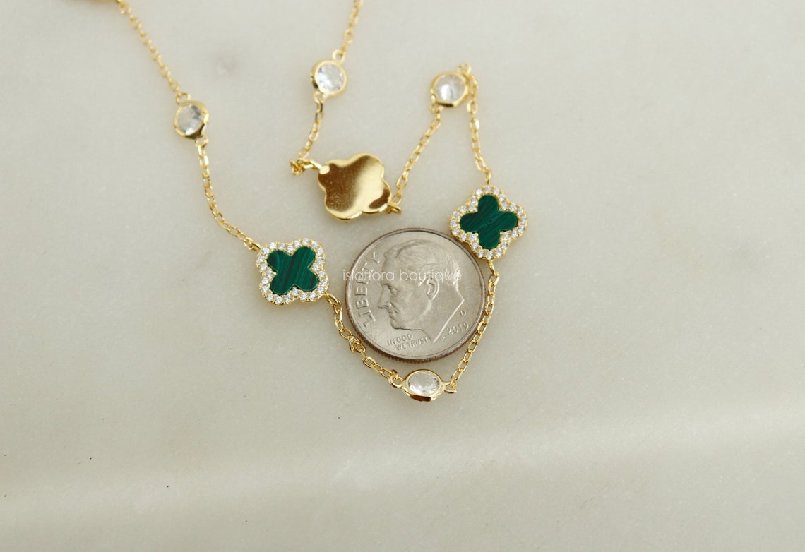 CZ Wrapped Teal Turquoise Clover Gold Plated Sterling Silver Station Necklace, Clear Crystal ...