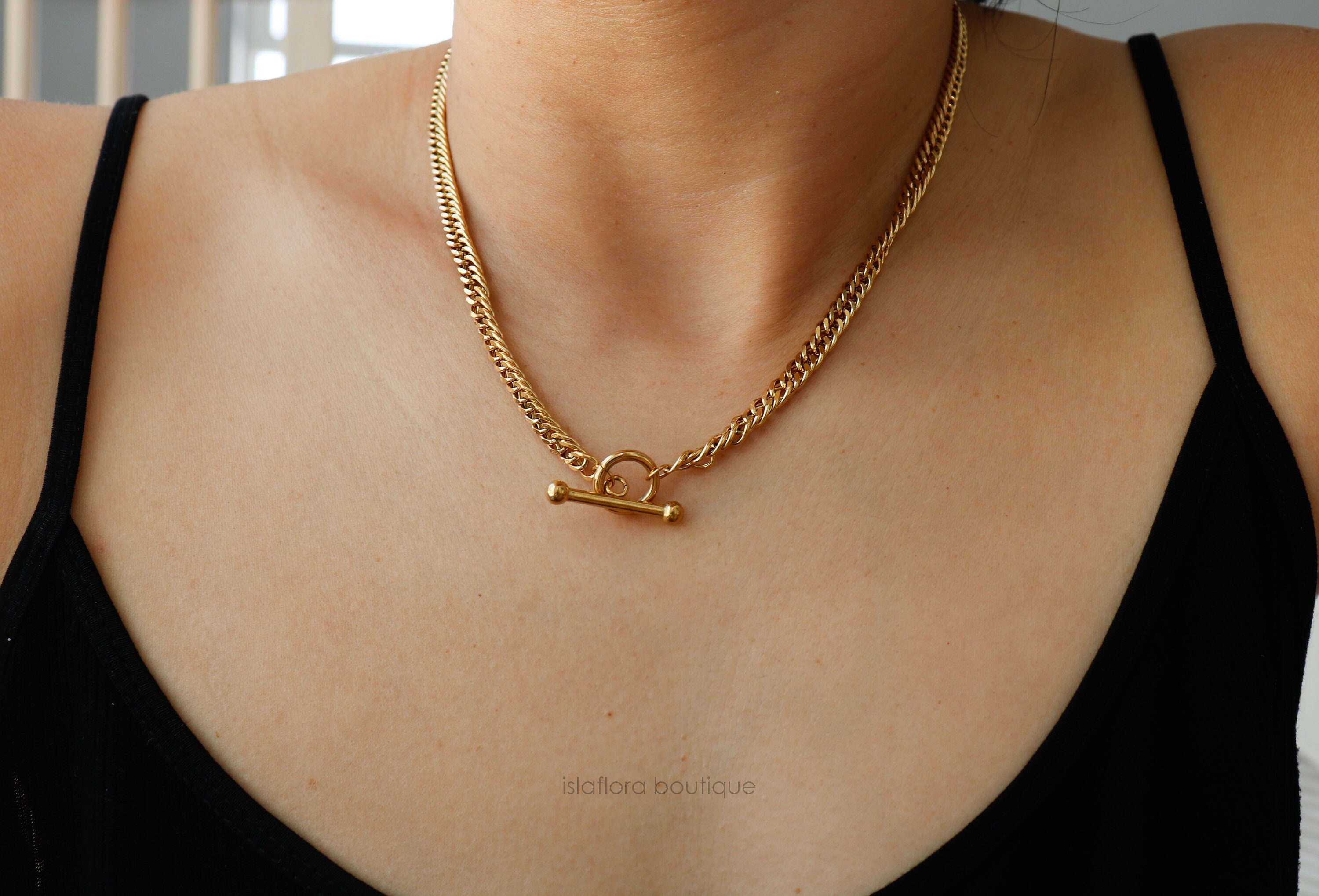 Gold Plated Stainless Steel Curb Chain Toggle Necklace