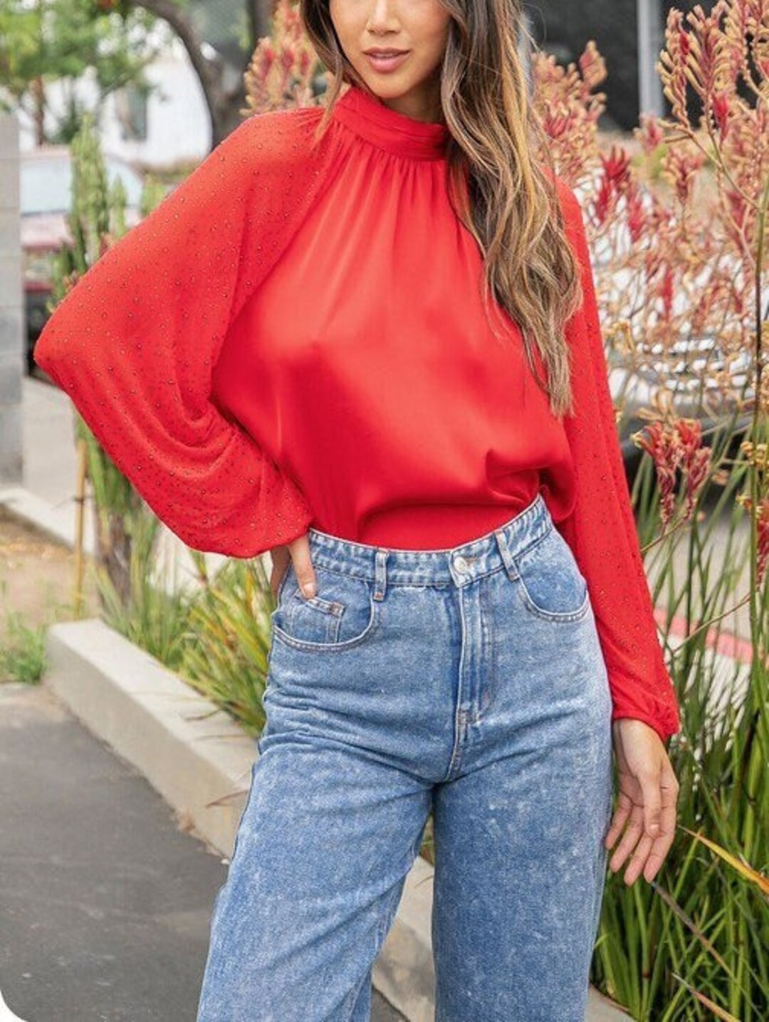 Rhinestone Collar Illusion Sheer Sleeve Satin Blouse, Women's Top