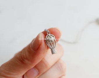 Dainty Hot Air Balloon Pendant Necklace, Crystal Paved Basket Charm, Gold Dipped Detailed Minimal, Realistic Texture
