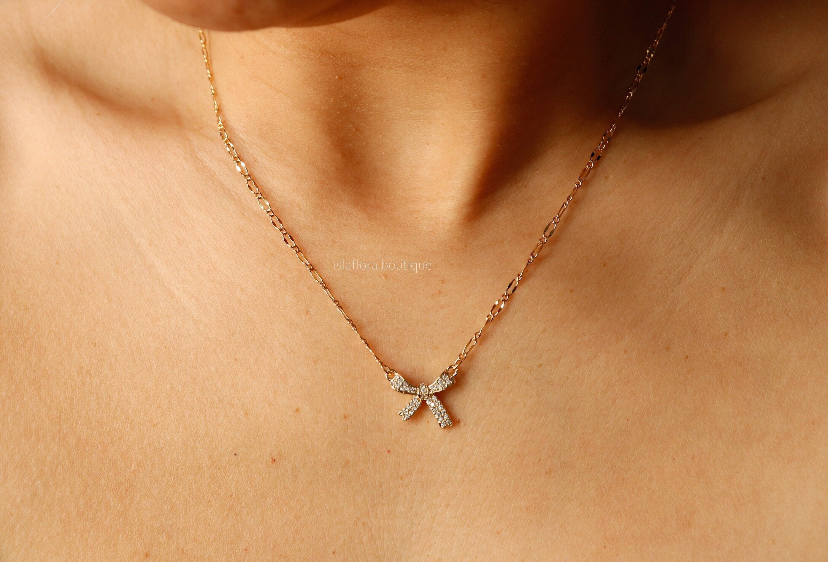Crystal Paved Ribbon Bow Necklace, Oval Figaro Chain
