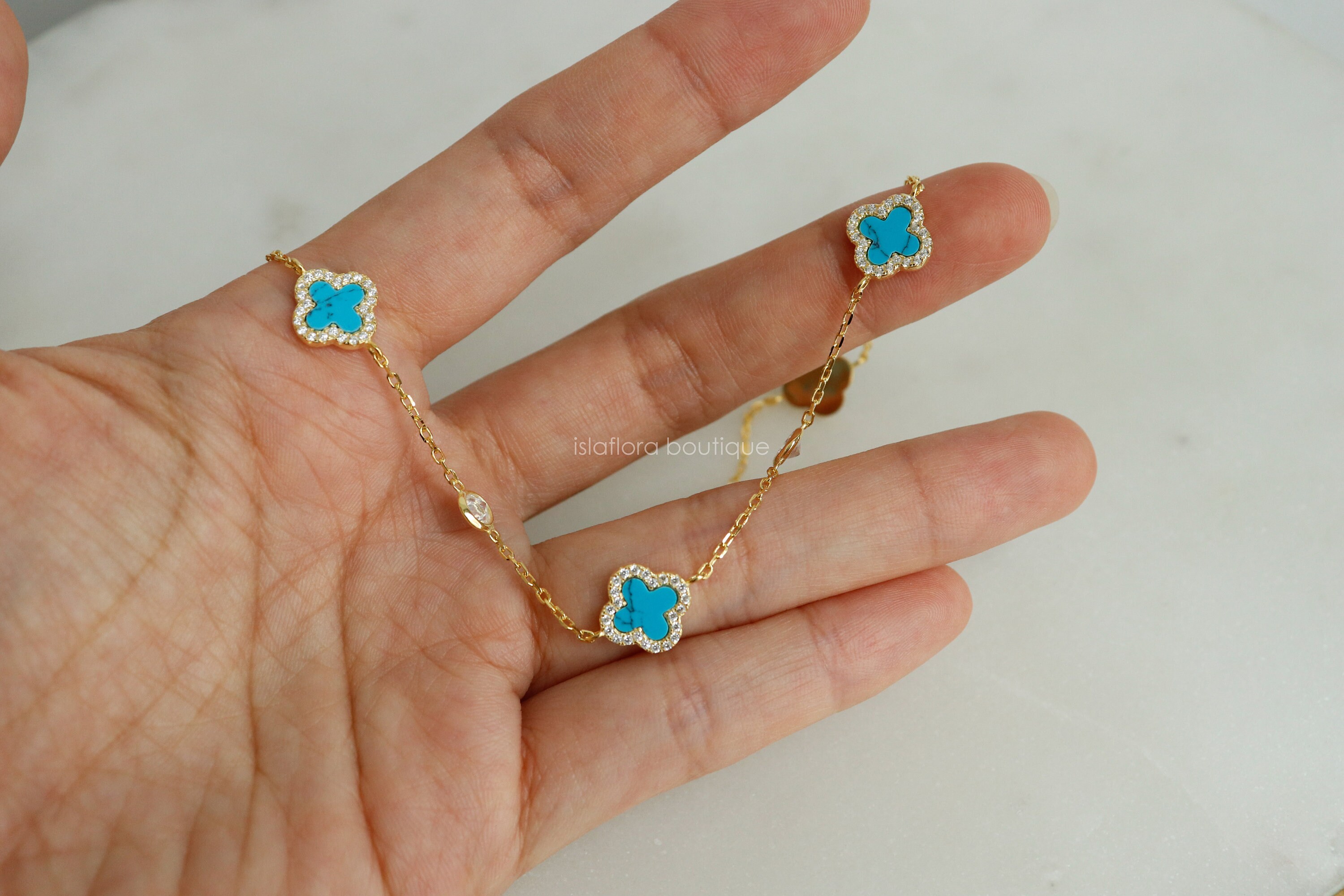 CZ Wrapped Teal Turquoise Clover Gold Plated Sterling Silver Station Necklace, Clear Crystal ...