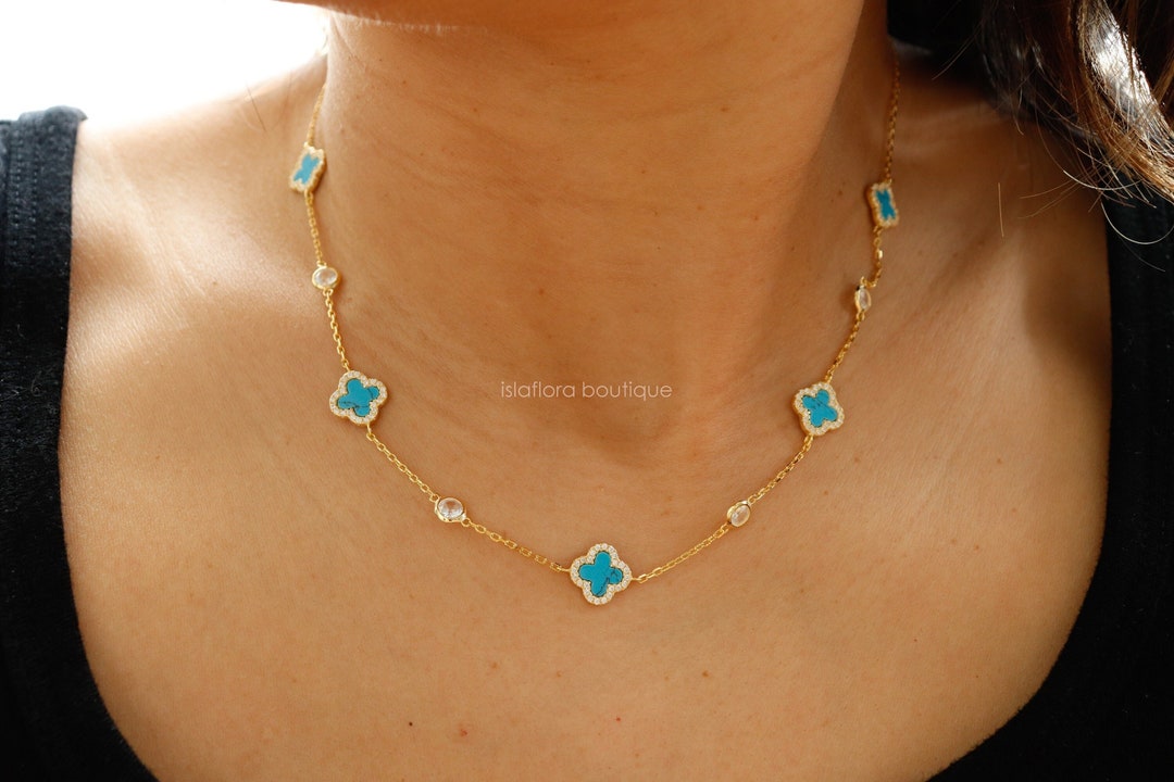 CZ Wrapped Teal Turquoise Clover Gold Plated Sterling Silver Station Necklace, Clear Crystal ...