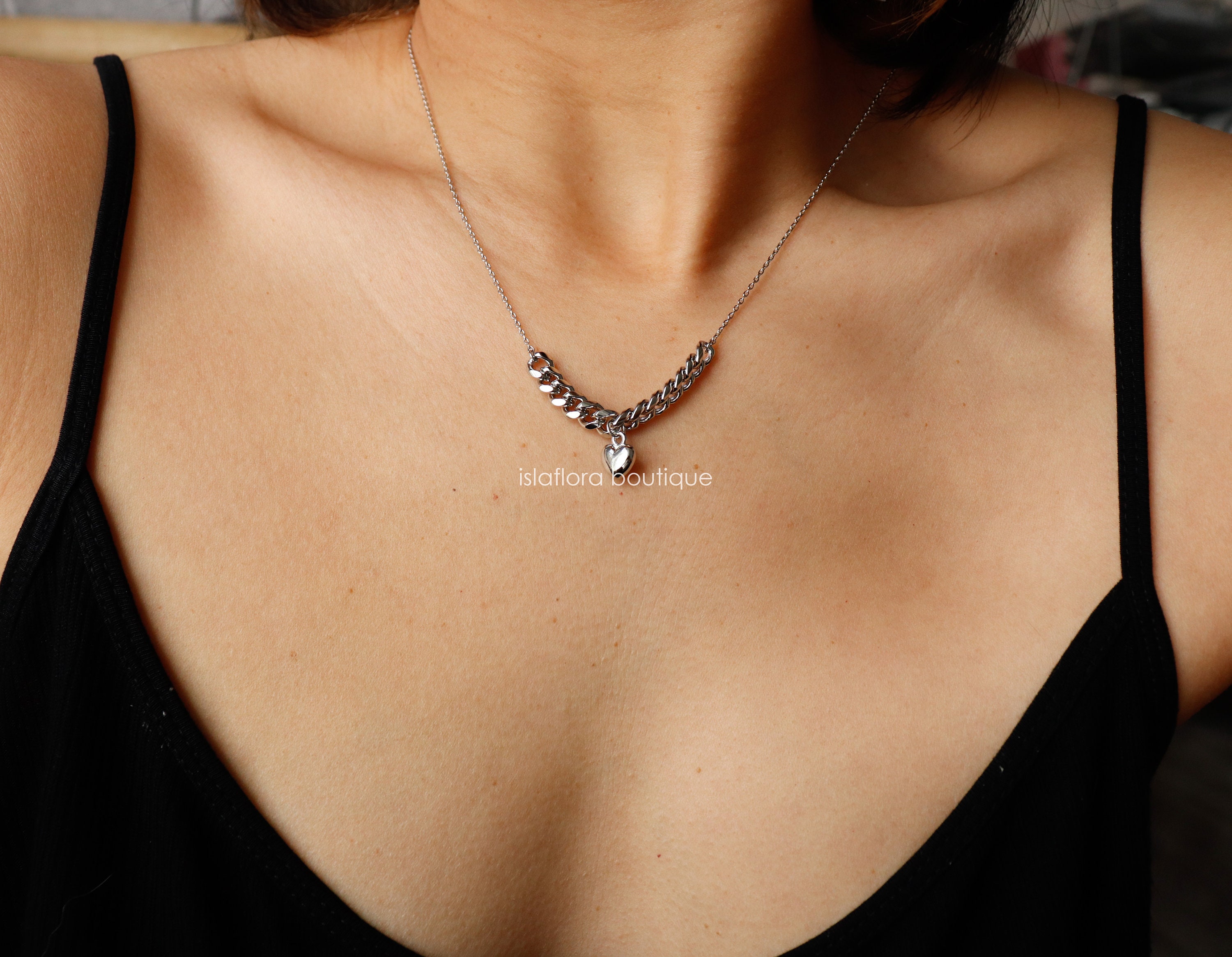 Collana con catena a maglie larghe da 1 mm riempita in oro 18k e ciondolo a forma di cuore lucido, design romantico, forniture all'ingrosso per la creazione di gioielli - Italia