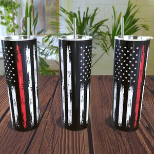 American Flag Thin Red Line  - 20oz Straight Tumbler Design Template for Sublimation - Full Tumbler Wrap - PNG Digital Download