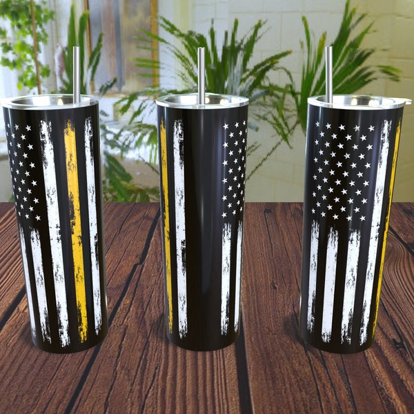 American Flag Thin Yellow Line  - 20oz Straight Tumbler Design Template for Sublimation - Full Tumbler Wrap - PNG Digital Download