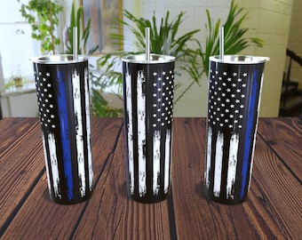 American Flag Thin Blue Line Tumbler Design – 20oz PNG (Digital Download)