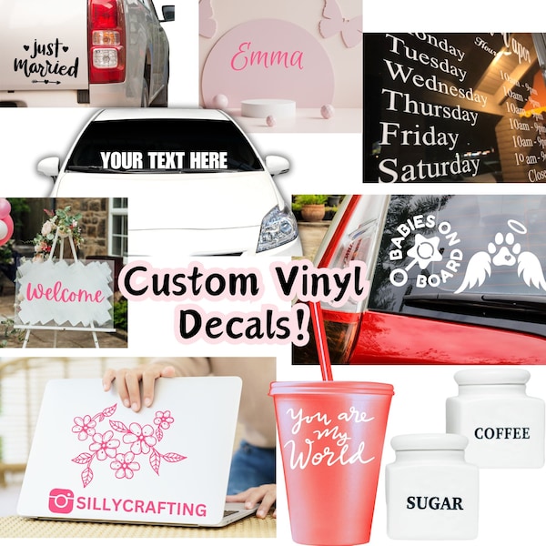 Custom Vinyl Decals for Car, Window, Laptop, Bottle, Glassware, Wedding, or Business - Unlimited Text, Images, Logos!