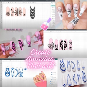 May include: A digital design program with a pink background showing different nail art designs. The designs include a spider web, a heart, a ghost, and a floral pattern. The text "Create Amazing Nail Art!" is displayed in the center of the image.