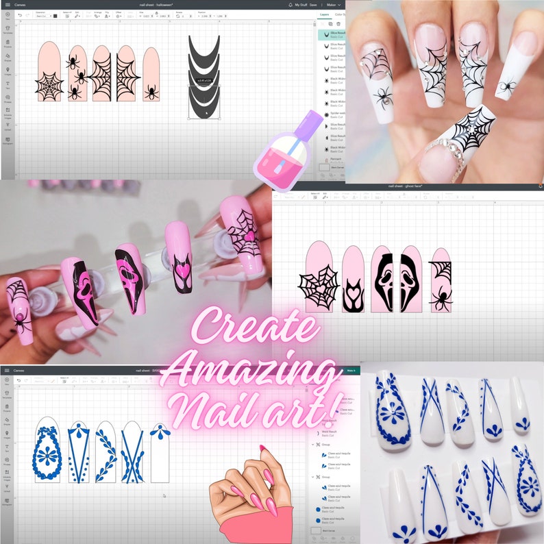 May include: A digital design program with a pink background showing different nail art designs. The designs include a spider web, a heart, a ghost, and a floral pattern. The text "Create Amazing Nail Art!" is displayed in the center of the image.