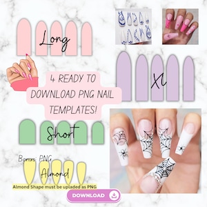 May include: Four digital nail templates in PNG format, including long, short, extra long, and almond shapes. The templates are shown on a white background with a hand holding a pink nail polish brush.