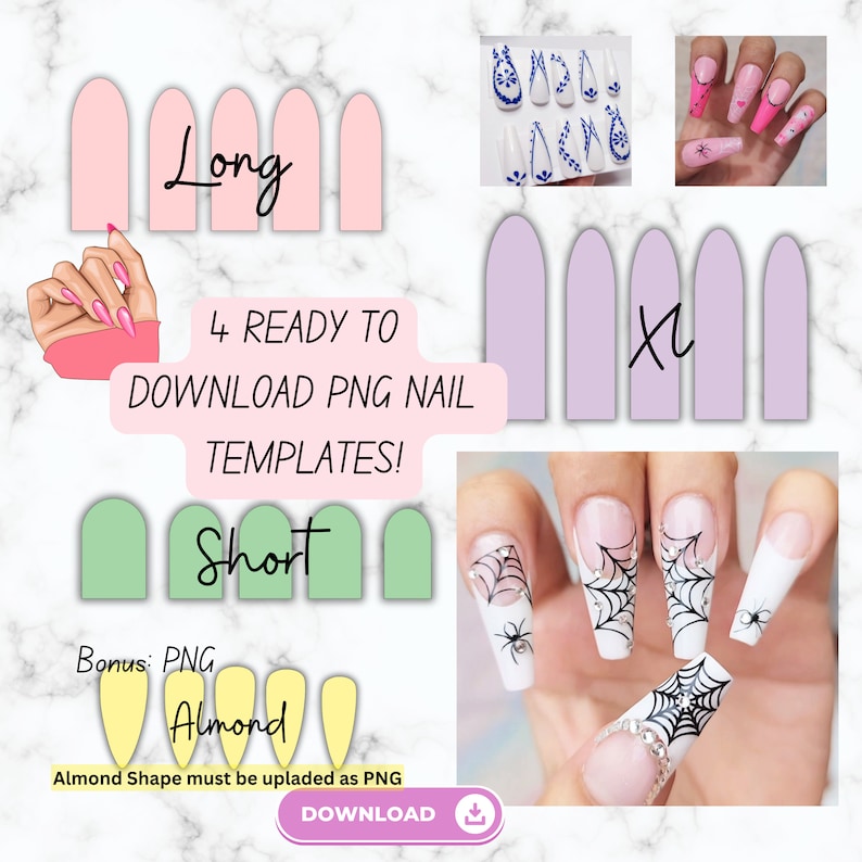 May include: Four digital nail templates in PNG format, including long, short, extra long, and almond shapes. The templates are shown on a white background with a hand holding a pink nail polish brush.