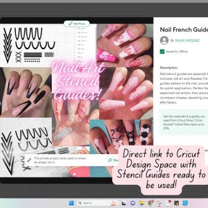 Puede incluir: Un collage de imágenes que muestran diferentes diseños de arte de uñas utilizando plantillas. El texto "Nail Art Stencil Guides!" está en letras rosas. El texto "Direct link to Cricut Design Space with Stencil Guides ready to be used!" está en letras rosas.