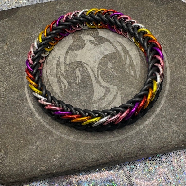 Lesbian Pride Chainmaille Stretch Bracelet | Sunset Flag Colors | LGBTQ+ Handmade Jewelry