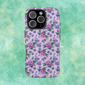 Funda para teléfono con flores de arbusto de hortensia morada y diseño floral para iPhone 16, 15, 14, 13, 12 y 11, Galaxy 22 y 21