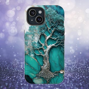 Silver Asian Tree Phone Case | Turquoise Marble | Metallic Silver Japanese Trees | iPhone 16 15 14 13 12 11 | Galaxy 22 21