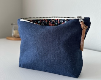 Small Linen Bag in Navy. Minimalist linen makeup bag, Cosmetic bag, Travel bag, Mother's Day Gift.