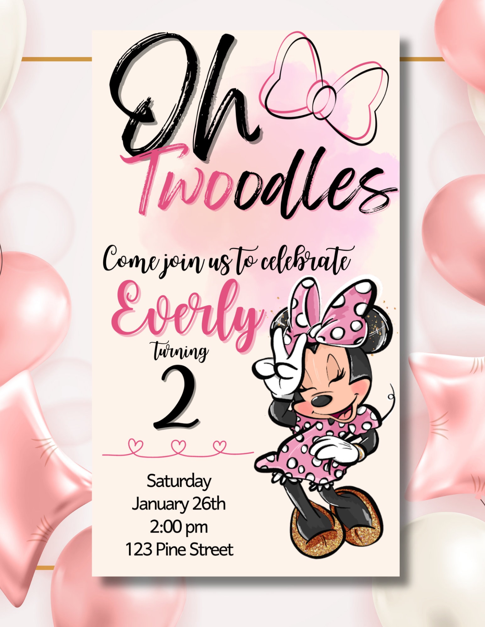 Oh Twoodles Birthday Invitation Minnie Mouse Birthday Editable Invitation